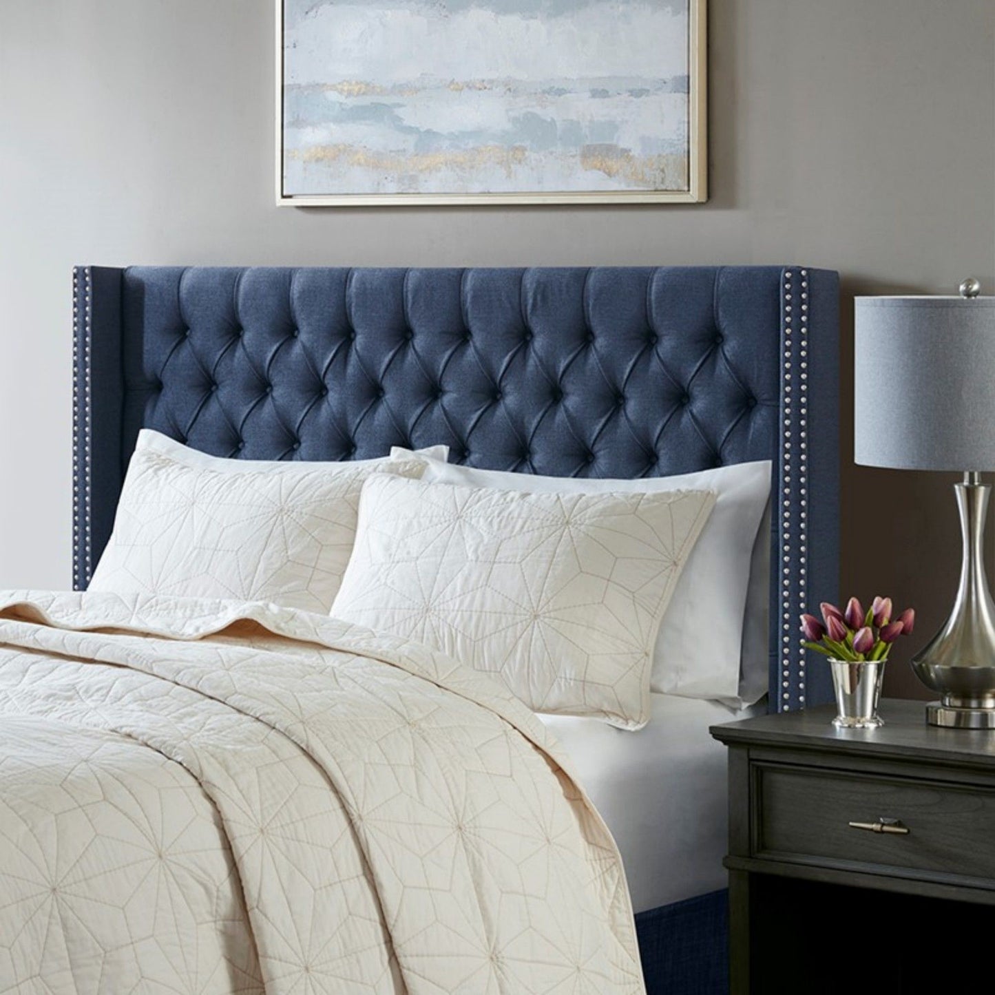 Transitional Upholstery Headboard With Tufted Buttons And Nailhead Trim - The Sleep Loft - Online Mattress Showroom NYC