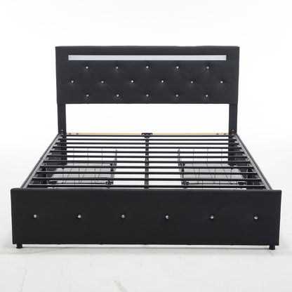 Upholstered Bed Frame With LED Lights, 4 Storage Drawers, Charging Station - The Sleep Loft - Online Mattress Showroom NYC