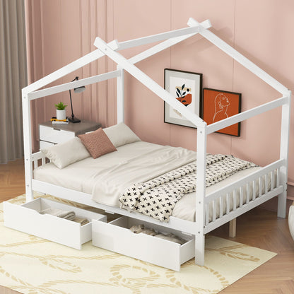 House Style Platform Bed With Headboard, Footboard, 2 Drawers, And Roof Design - The Sleep Loft - Online Mattress Showroom NYC