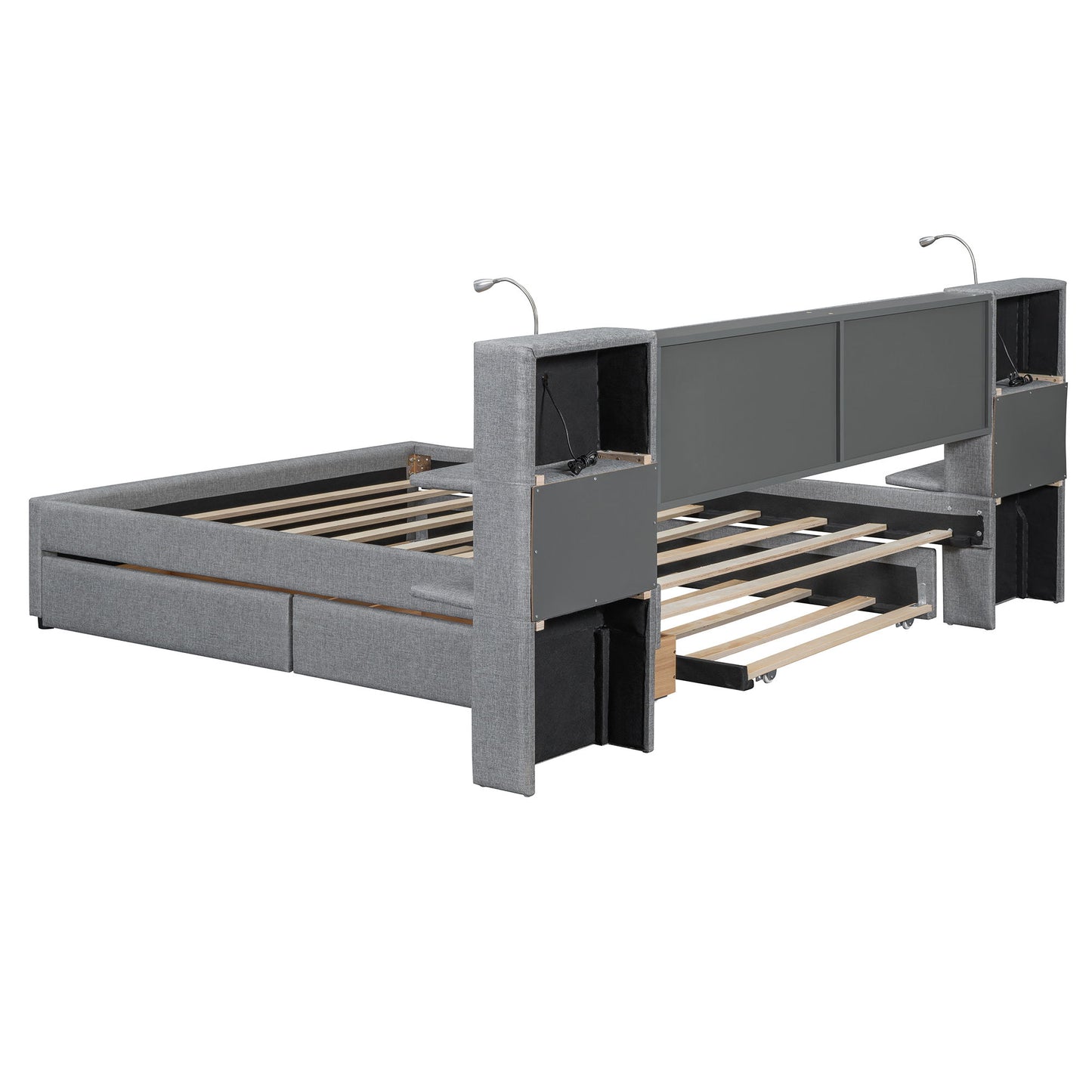 Upholstered Platform Bed With Reading Lights, Drawers, Trundle And Shelves - The Sleep Loft - Online Mattress Showroom NYC