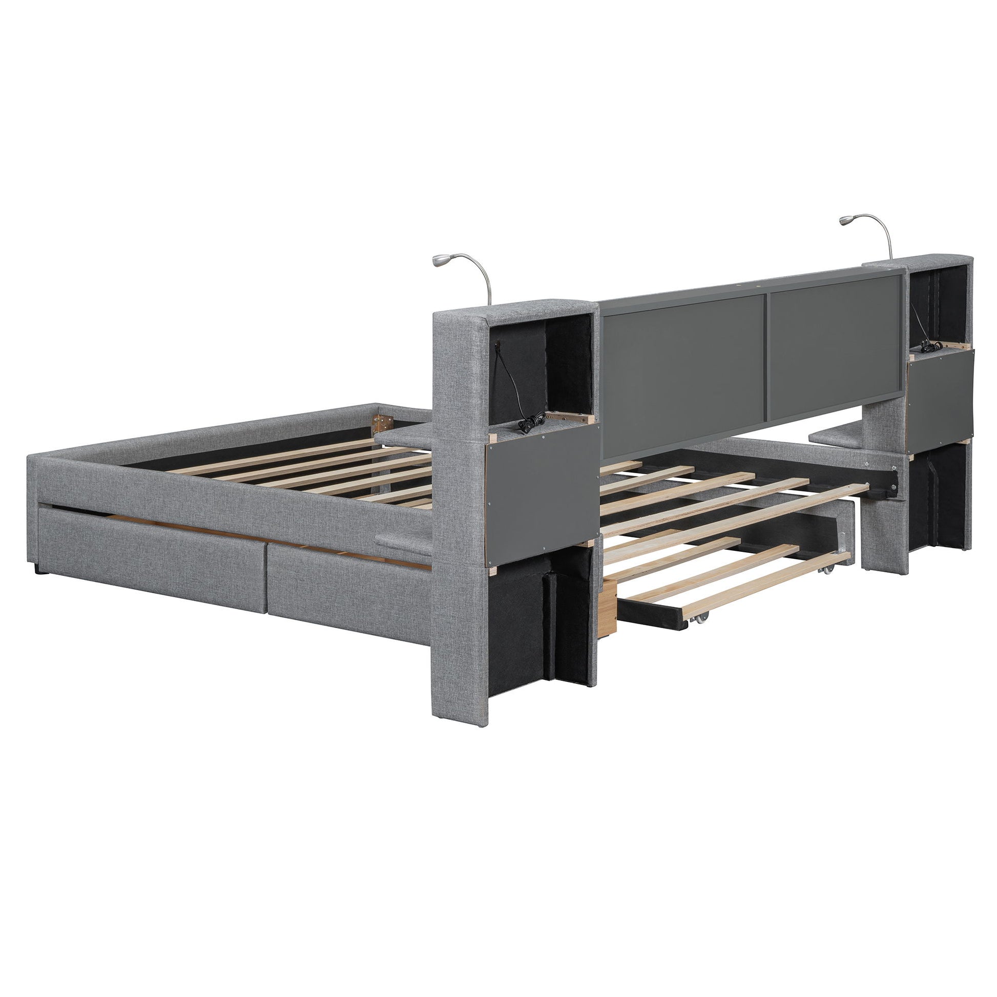 Upholstered Platform Bed With Reading Lights, Drawers, Trundle And Shelves - The Sleep Loft - Online Mattress Showroom NYC