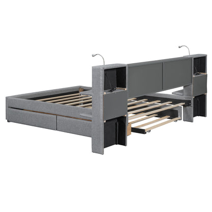 Upholstered Platform Bed With Reading Lights, Drawers, Trundle And Shelves - The Sleep Loft - Online Mattress Showroom NYC