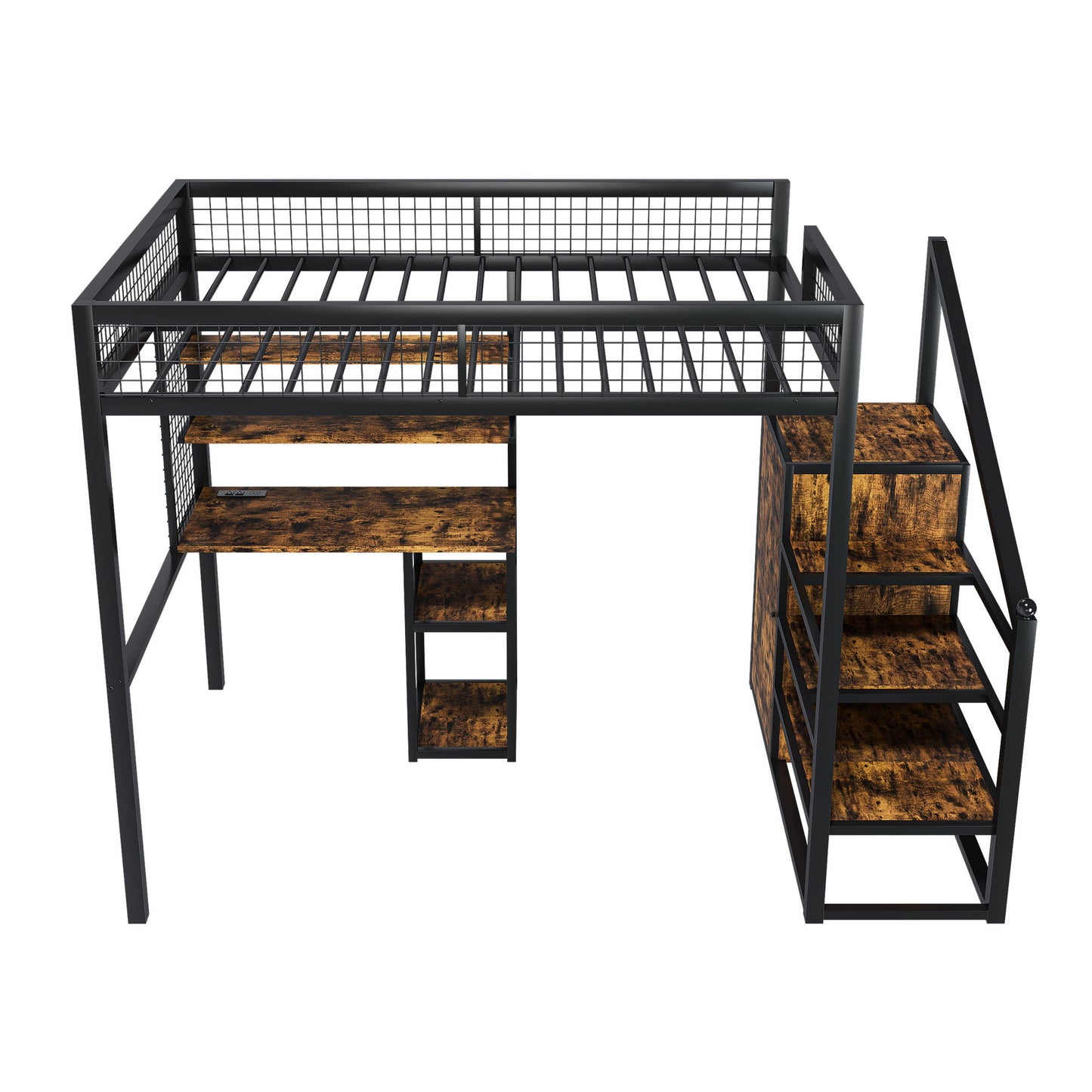 Full Size Loft Bed With Desk & Wardrobe Heavy Frame, Built In Staircase, Storage Rack & Shelves Gaming Bed - Black - The Sleep Loft - Online Mattress Showroom NYC