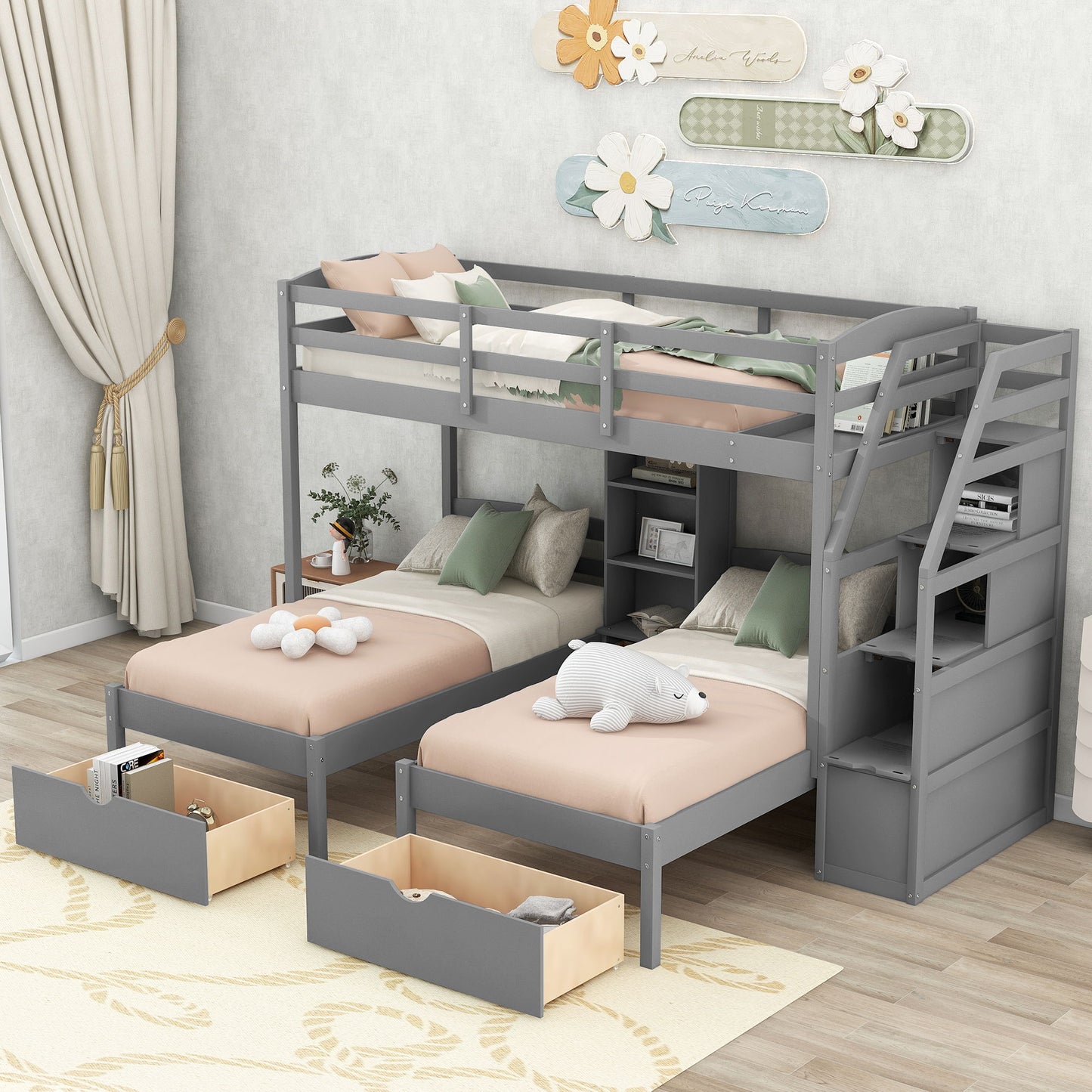 Twin Over Twin & Twin Bunk Bed With Drawers, Staircase Storage, Built In Shelves - Gray - The Sleep Loft - Online Mattress Showroom NYC