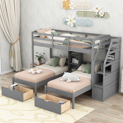 Twin Over Twin & Twin Bunk Bed With Drawers, Staircase Storage, Built In Shelves - Gray - The Sleep Loft - Online Mattress Showroom NYC