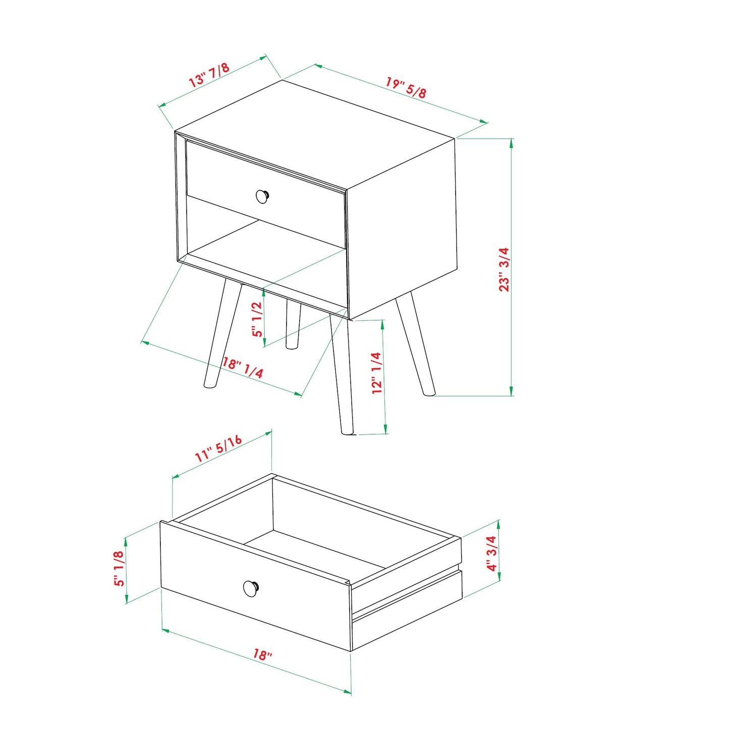 Mid-Century Modern Single Drawer Solid Wood Nightstand - The Sleep Loft - Online Mattress Showroom NYC