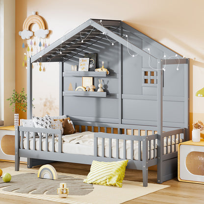 House Bed With Shelves, Window And Sparkling Light Strip On The Roof - The Sleep Loft - Online Mattress Showroom NYC