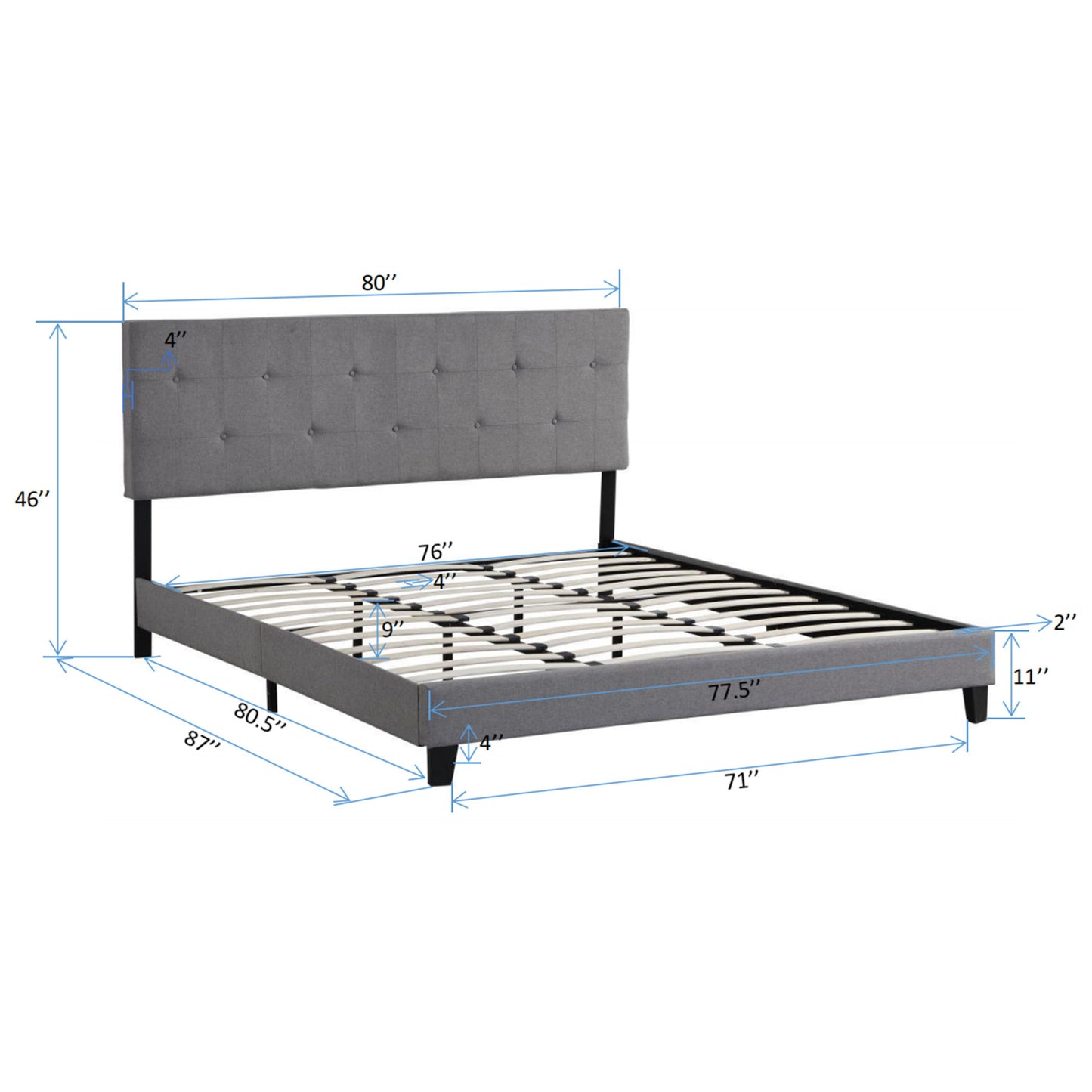 Modern Upholstered Platform Bed Frame With Button Tufted Linen Headboard And Wood Slat Support