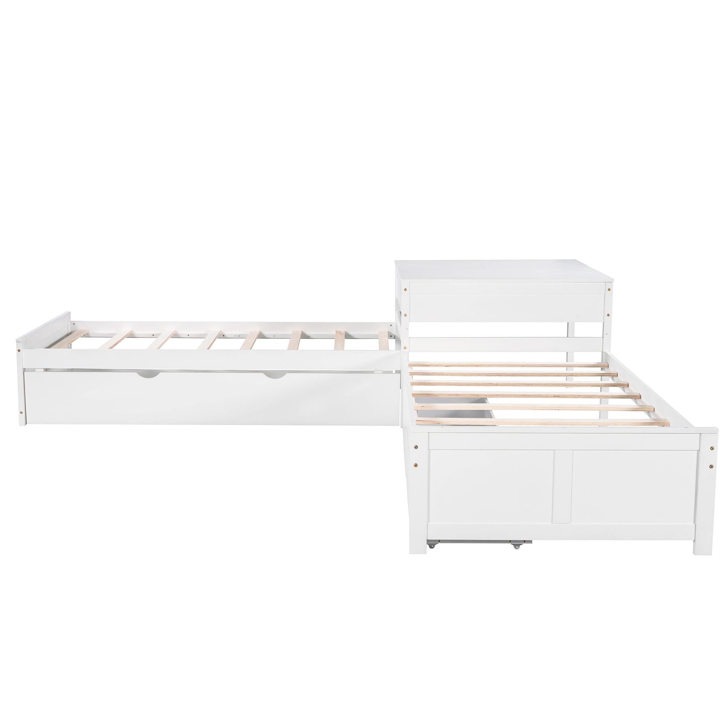 L Shaped Platform Bed With Trundle And Drawers Linked With Built In Desk - The Sleep Loft - Online Mattress Showroom NYC
