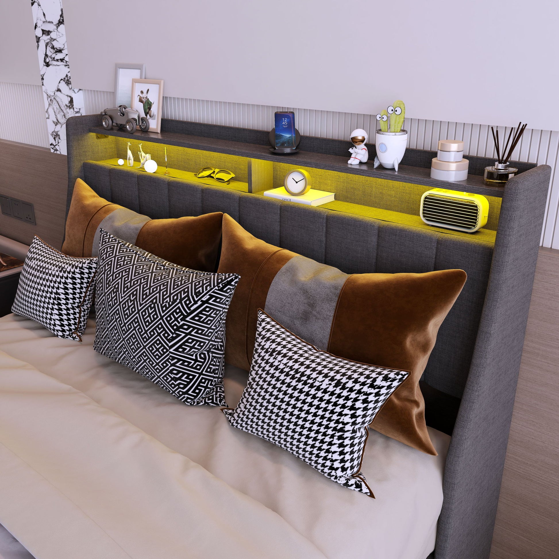 Bed With LED Lights, 4 Drawers, Winged Headboard Upholstered - The Sleep Loft - Online Mattress Showroom NYC