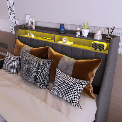 Bed With LED Lights, 4 Drawers, Winged Headboard Upholstered - The Sleep Loft - Online Mattress Showroom NYC