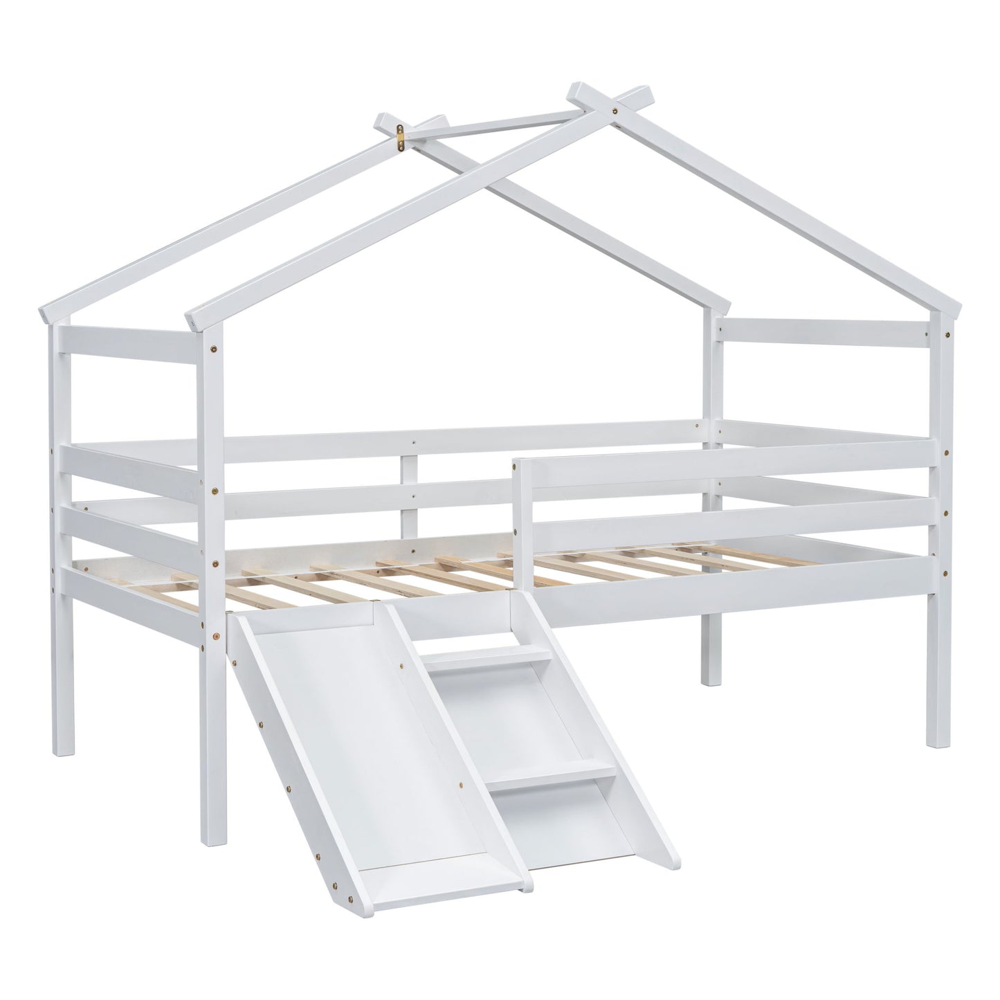 Low Loft House Bed With Slide, Ladder, Safety Guardrails, House Roof Frame - The Sleep Loft - Online Mattress Showroom NYC