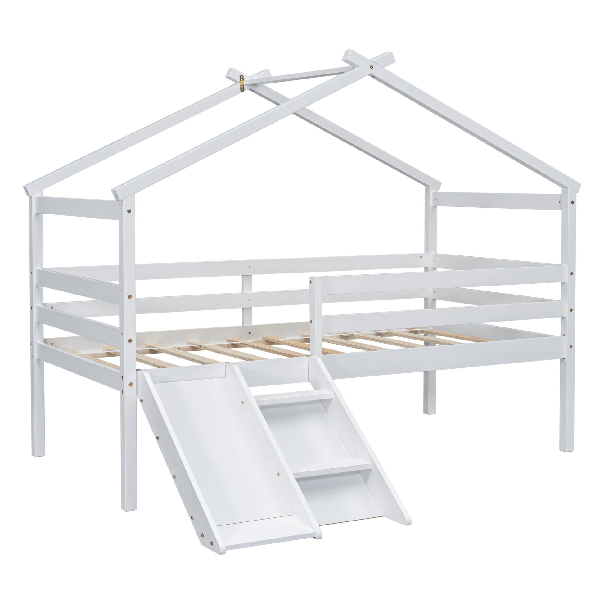 Low Loft House Bed With Slide, Ladder, Safety Guardrails, House Roof Frame - The Sleep Loft - Online Mattress Showroom NYC