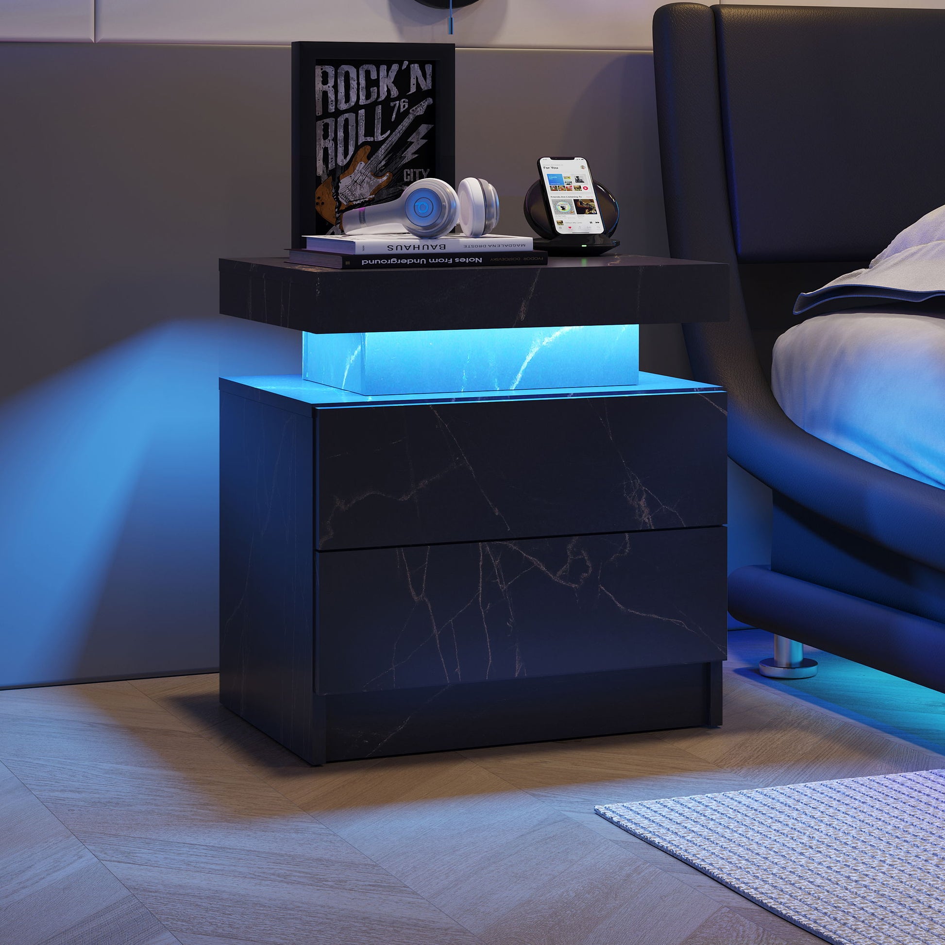 Nightstand LED, Bedside Table Cabinet With 2 Drawers For Bedroom - The Sleep Loft - Online Mattress Showroom NYC