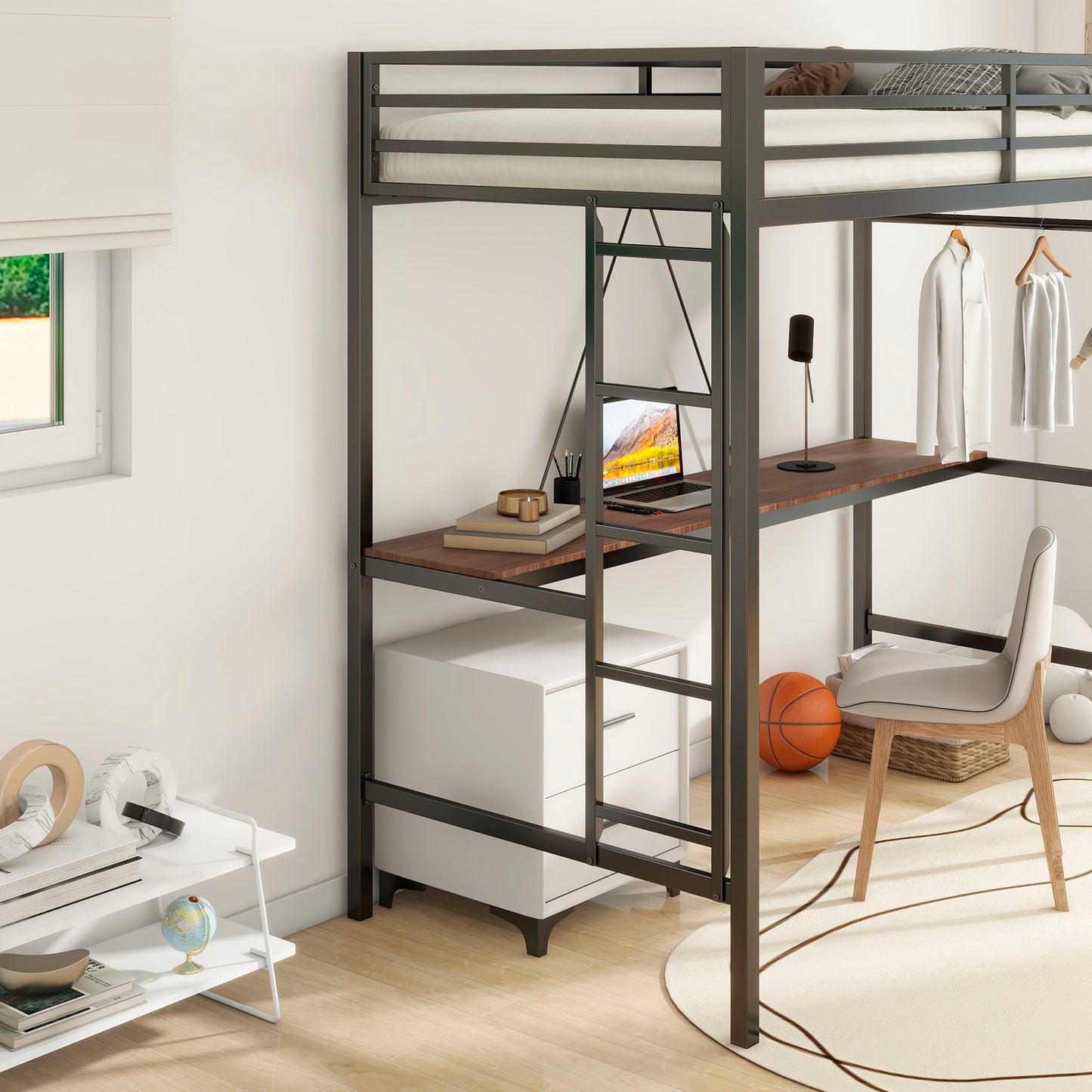 Adam - Twin Loft Bunk Bed With Cinnamon Wood Desk And Closet Rod - Black - The Sleep Loft - Online Mattress Showroom NYC