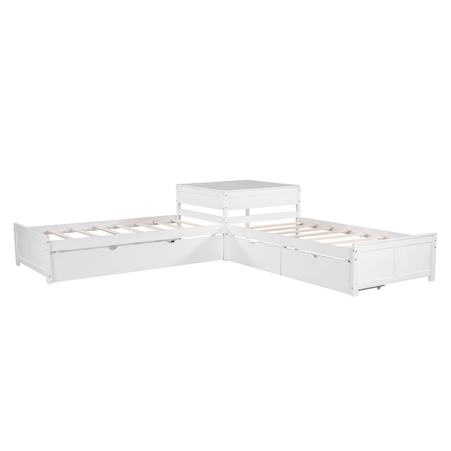L Shaped Platform Bed With Trundle And Drawers Linked With Built In Desk - The Sleep Loft - Online Mattress Showroom NYC