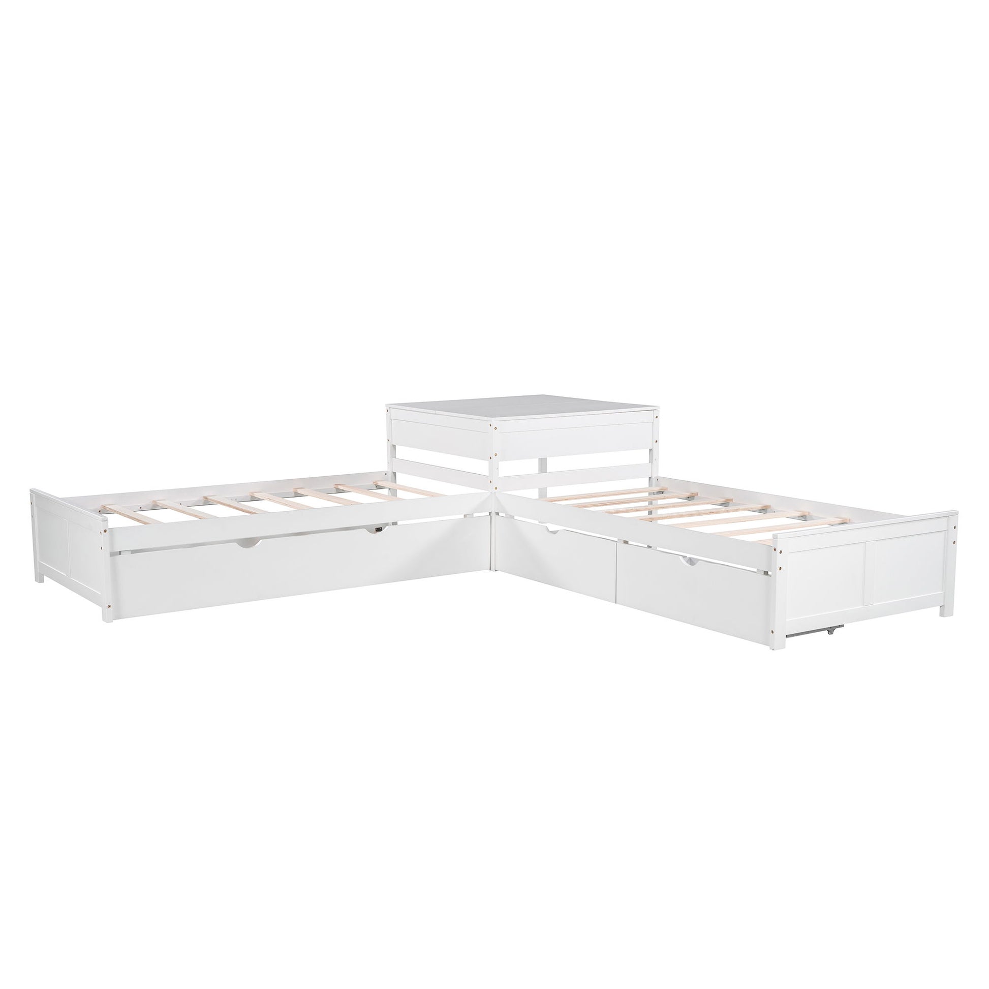 L Shaped Platform Bed With Trundle And Drawers Linked With Built In Desk - The Sleep Loft - Online Mattress Showroom NYC
