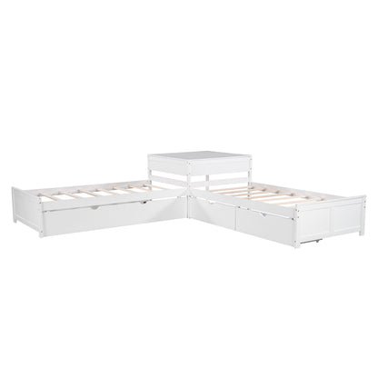 L Shaped Platform Bed With Trundle And Drawers Linked With Built In Desk - The Sleep Loft - Online Mattress Showroom NYC