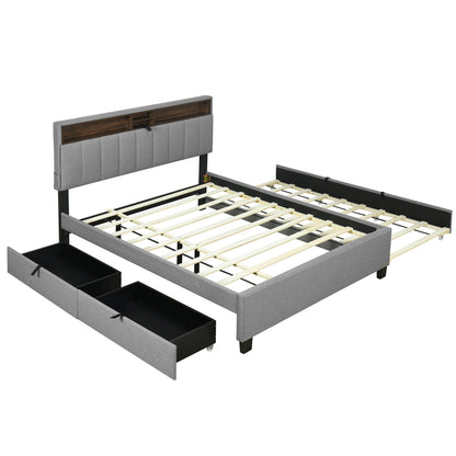 Upholstered Platform Bed With Storage Headboard, Trundle & 2 Drawers And A Set Of Sockets & USB Ports - The Sleep Loft - Online Mattress Showroom NYC
