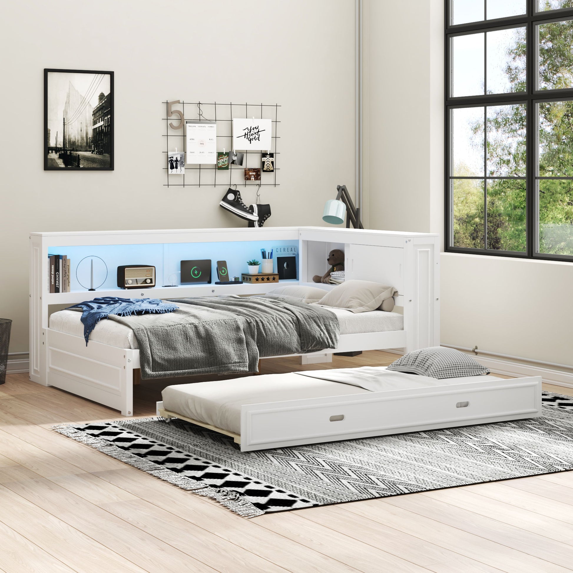 Daybed With Storage Shelves, LED, USB, And Trundle - The Sleep Loft - Online Mattress Showroom NYC