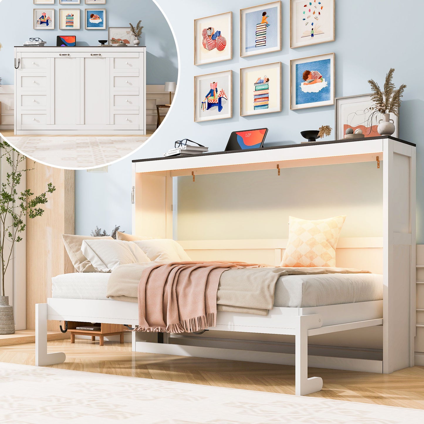 Murphy Bed With LED Light, Foldable Wall Bed Cabinet - The Sleep Loft - Online Mattress Showroom NYC