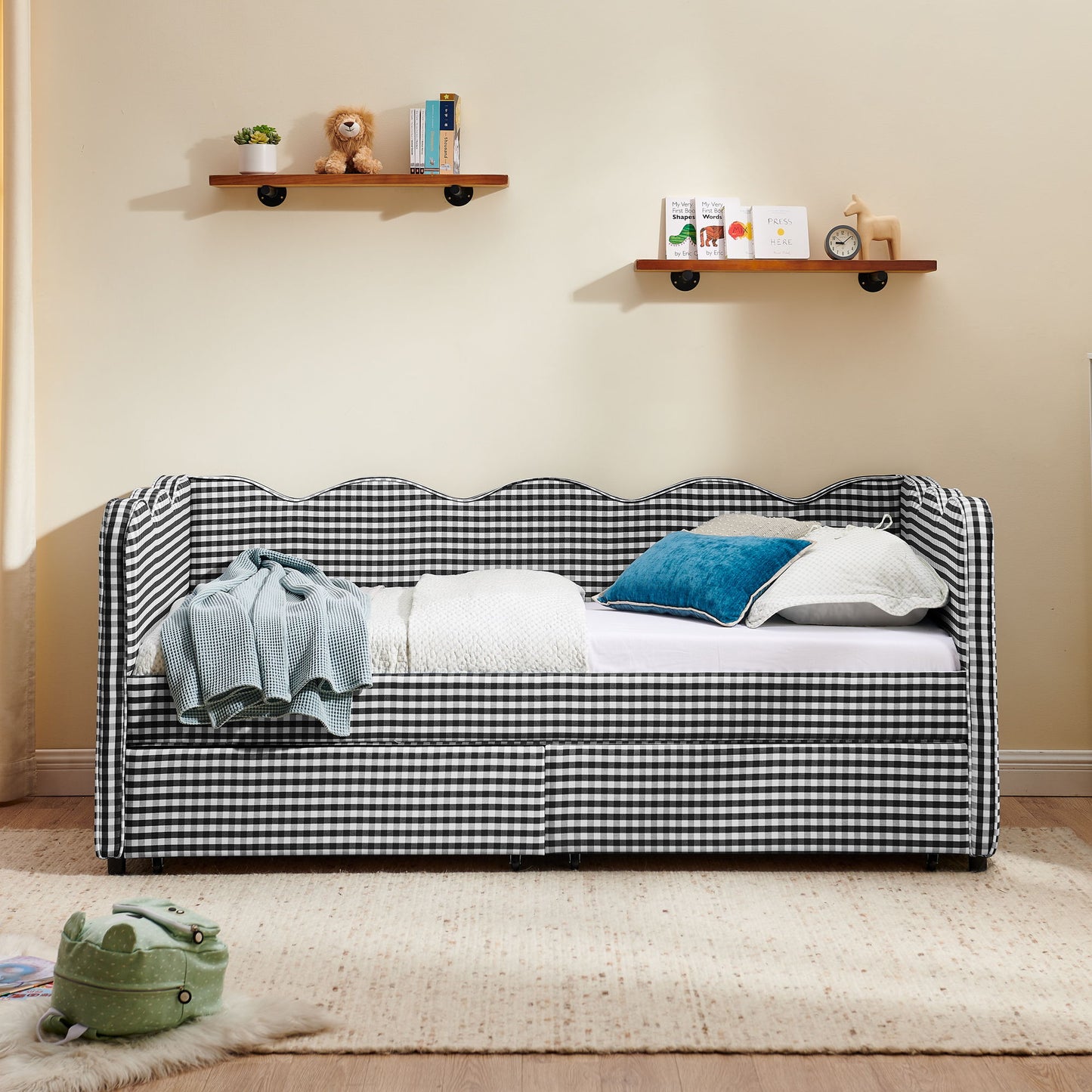 Gingham Daybed With USB Charging Port, Wave-Shaped Design - The Sleep Loft - Online Mattress Showroom NYC