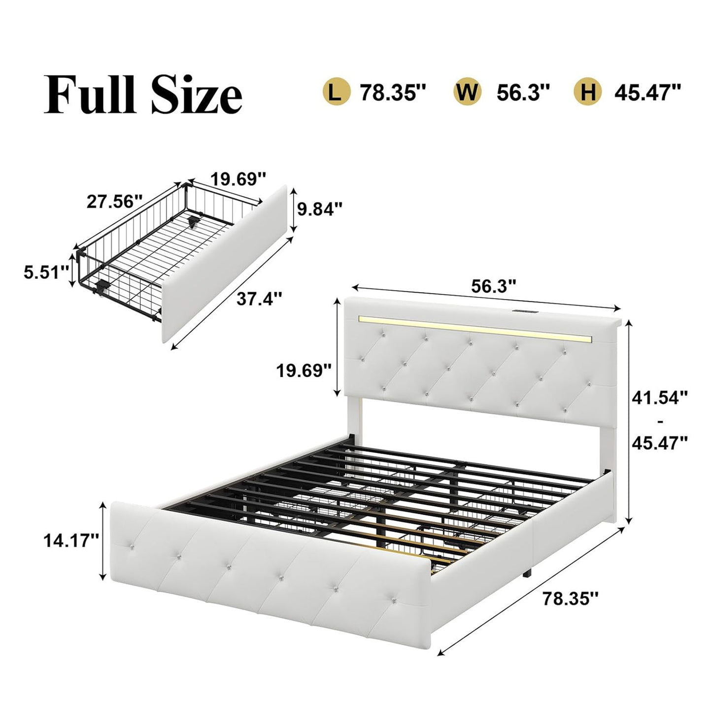 Upholstered Bed Frame With LED Lights, 4 Storage Drawers, Charging Station - The Sleep Loft - Online Mattress Showroom NYC