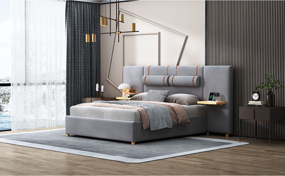 Upholstered Platform Bed, 2 Outlets And USB Charging Ports On Both Sides, 2 Bedside Pillows, Storage Shelves - The Sleep Loft - Online Mattress Showroom NYC
