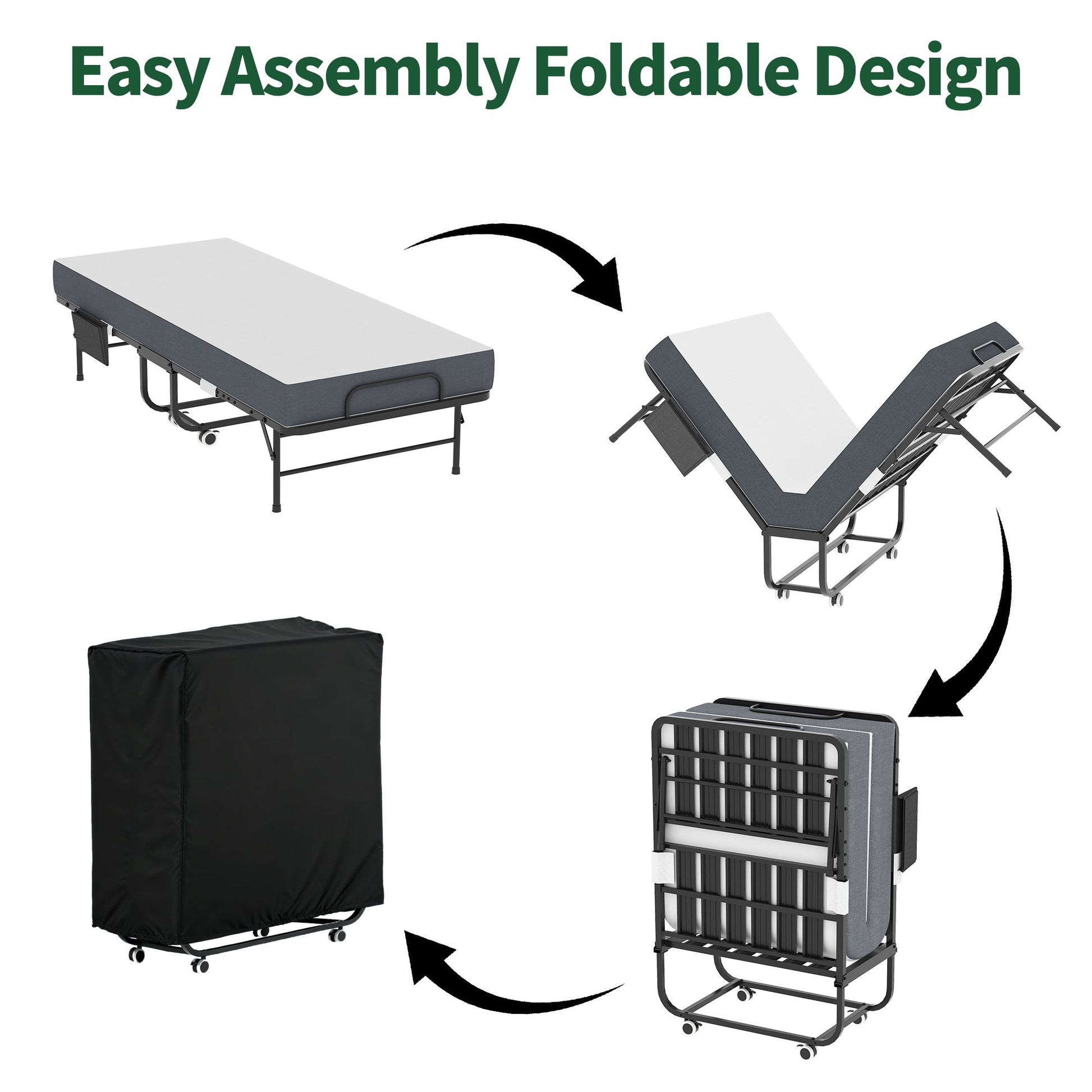 Twin Folding Bed With Memory Foam Mattress, On Wheels, Portable Bed For Adults & Guests - Black - The Sleep Loft - Online Mattress Showroom NYC