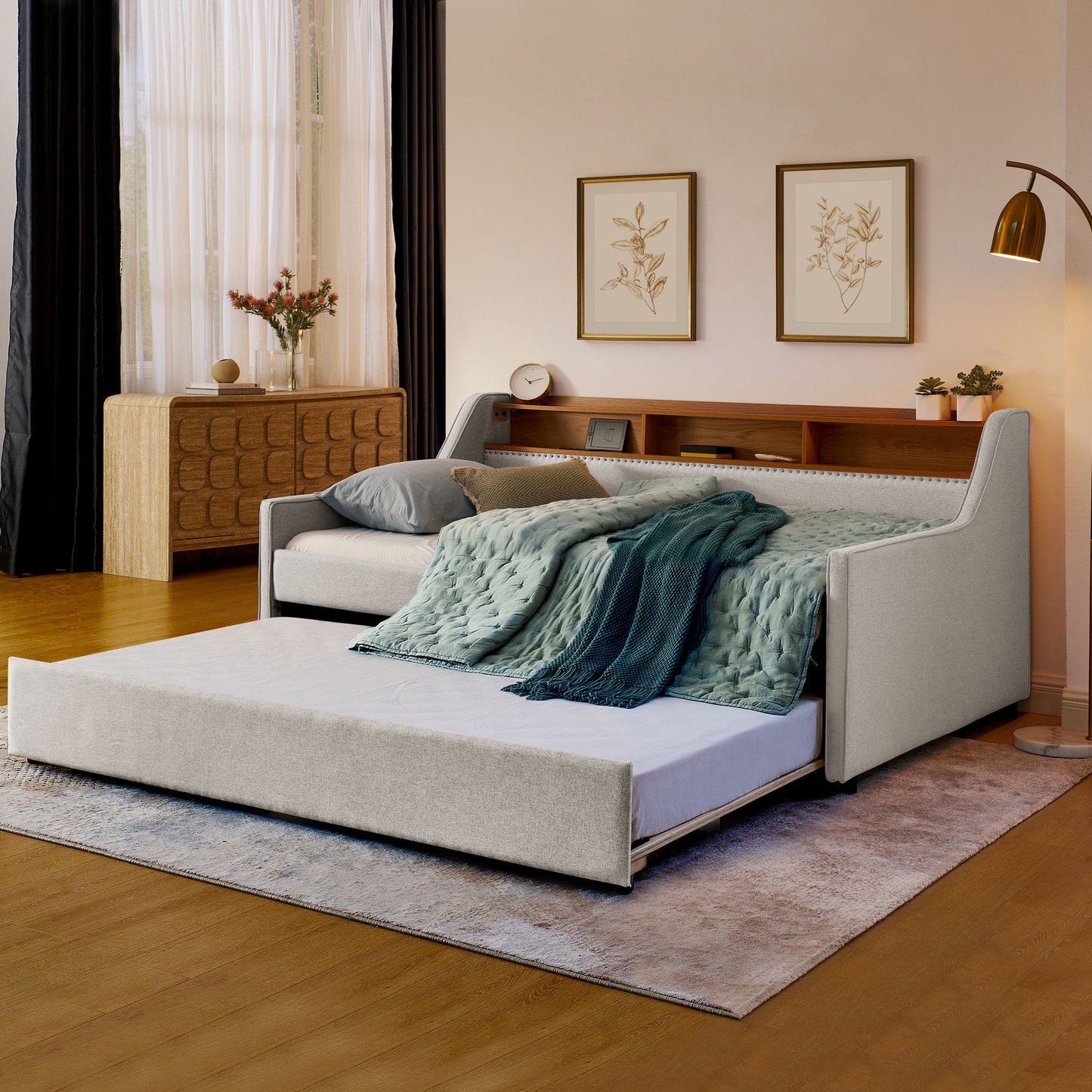 Upholstered Sofa Bed With LED Lights, Storage Headboard, Foldable Trundle & Wireless Charging - The Sleep Loft - Online Mattress Showroom NYC