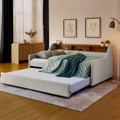 Upholstered Sofa Bed With LED Lights, Storage Headboard, Foldable Trundle & Wireless Charging - The Sleep Loft - Online Mattress Showroom NYC