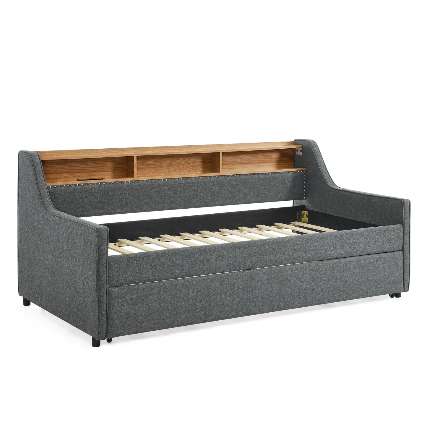 Upholstered Sofa Bed With LED Lights, Storage Headboard, Foldable Trundle & Wireless Charging - The Sleep Loft - Online Mattress Showroom NYC