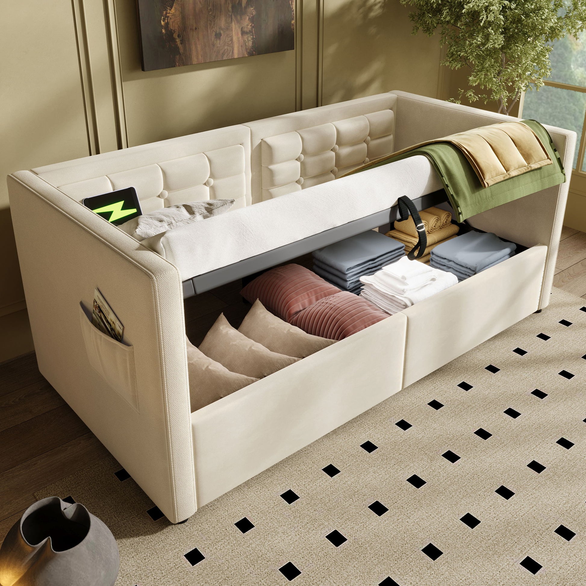 Upholstered Hydraulic Storage Daybed With USB & Type C Charging - The Sleep Loft - Online Mattress Showroom NYC