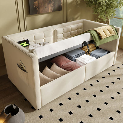 Upholstered Hydraulic Storage Daybed With USB & Type C Charging - The Sleep Loft - Online Mattress Showroom NYC