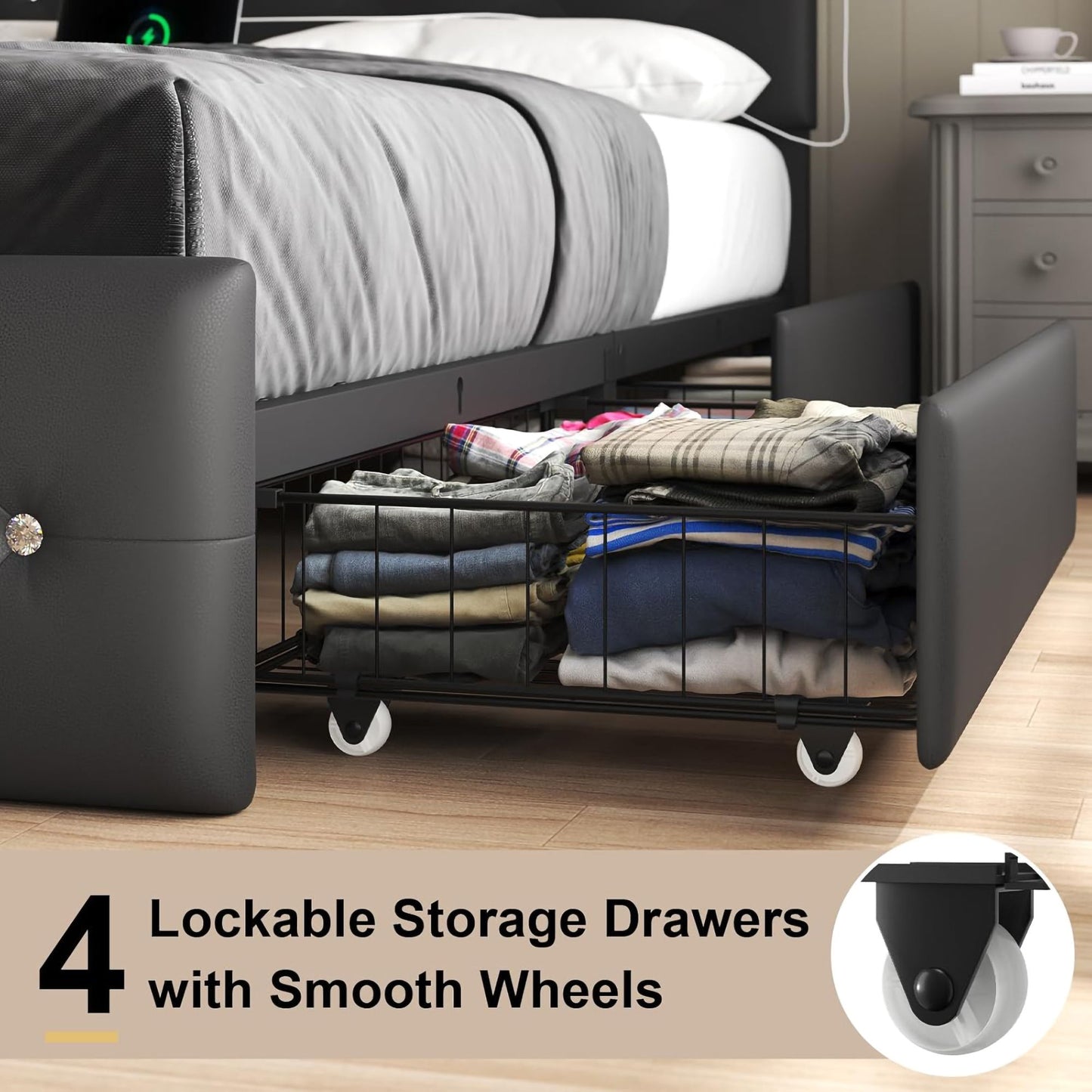 Upholstered Bed Frame With LED Lights, 4 Storage Drawers, Charging Station - The Sleep Loft - Online Mattress Showroom NYC