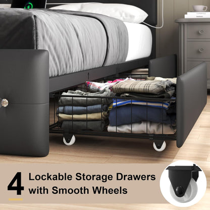 Upholstered Bed Frame With LED Lights, 4 Storage Drawers, Charging Station - The Sleep Loft - Online Mattress Showroom NYC