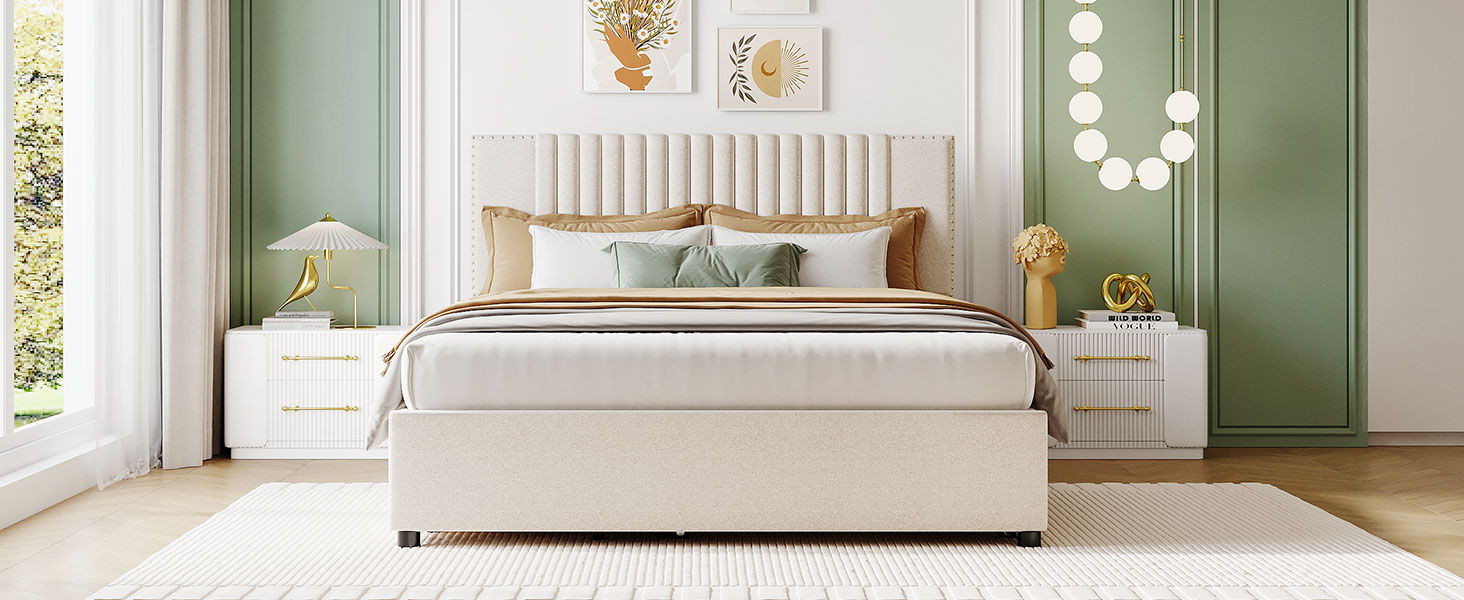 Upholstered Platform Bed With Drawers, Classic Headboard Design - The Sleep Loft - Online Mattress Showroom NYC