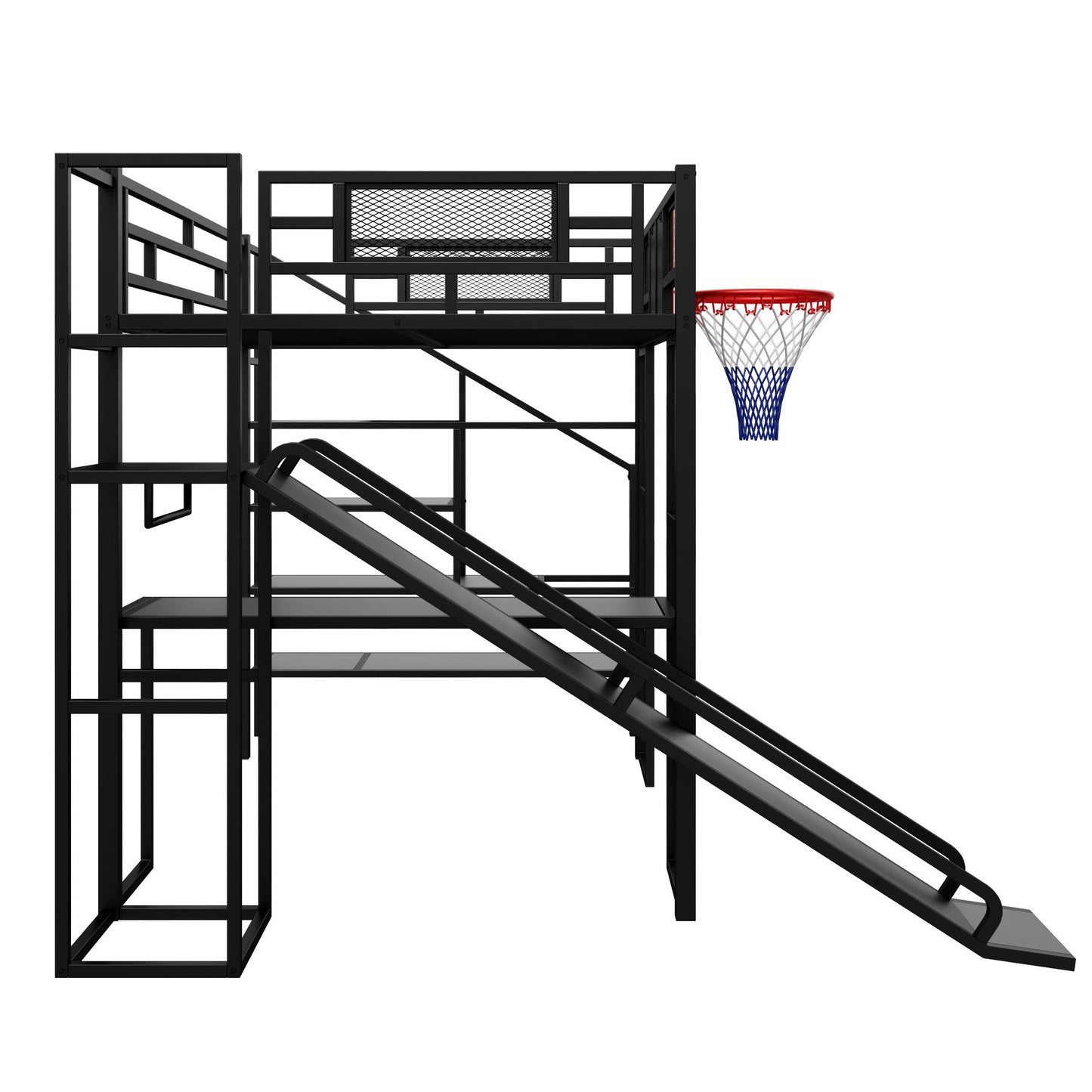Loft Bed With Built In Desk, Open Wardrobe, Basketball Hoop, Slide And Staircase - The Sleep Loft - Online Mattress Showroom NYC