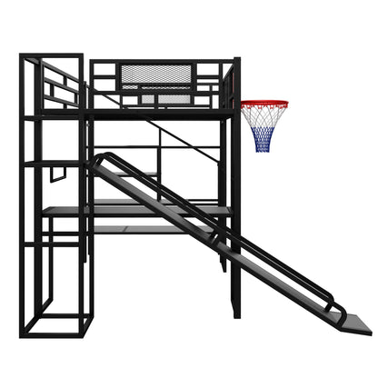 Loft Bed With Built In Desk, Open Wardrobe, Basketball Hoop, Slide And Staircase - The Sleep Loft - Online Mattress Showroom NYC