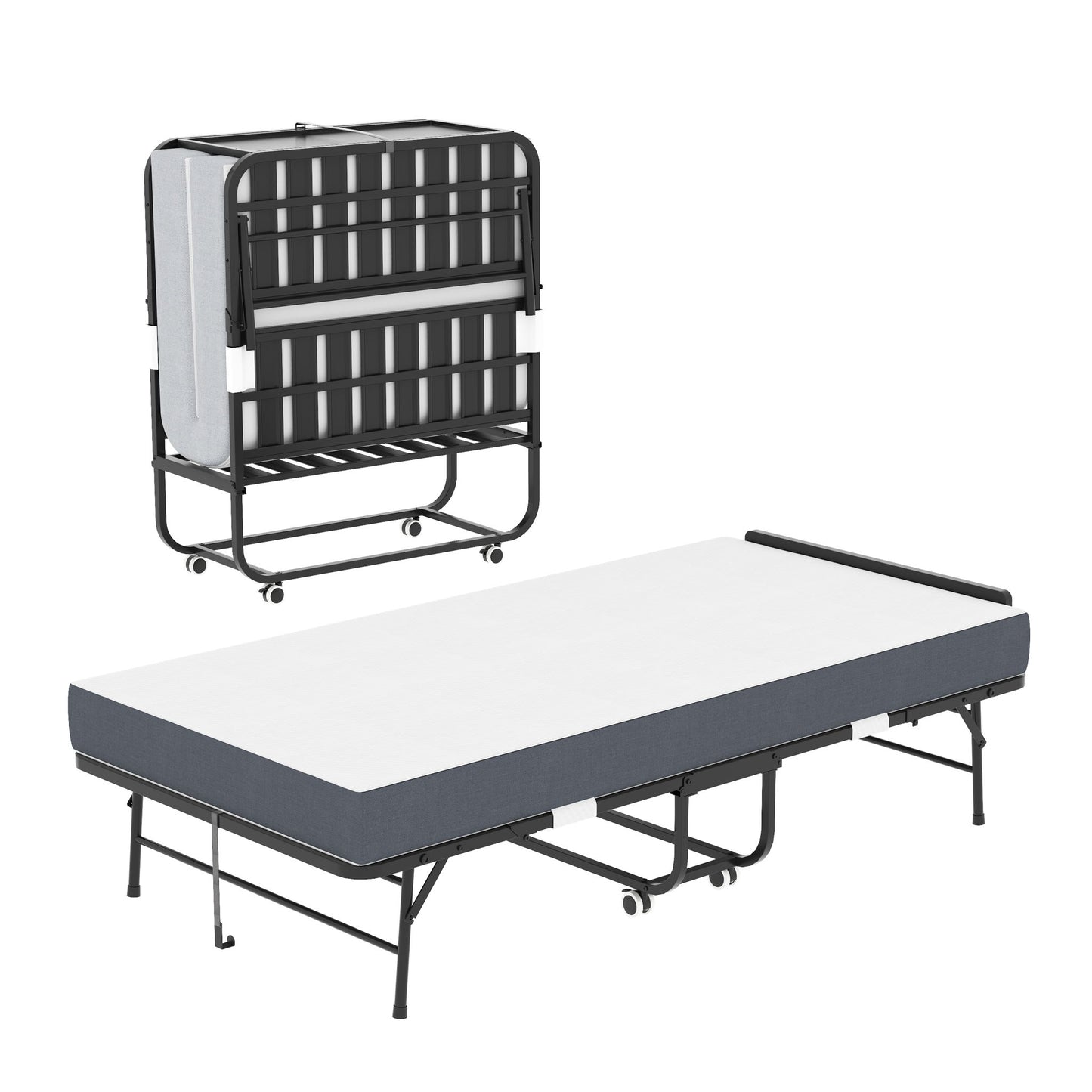 Twin Adjustable Headboard Folding Bed With Memory Foam Mattress, Heavy-Duty Frame Cot For Tall People, Portable Guest On Wheels - Black - The Sleep Loft - Online Mattress Showroom NYC