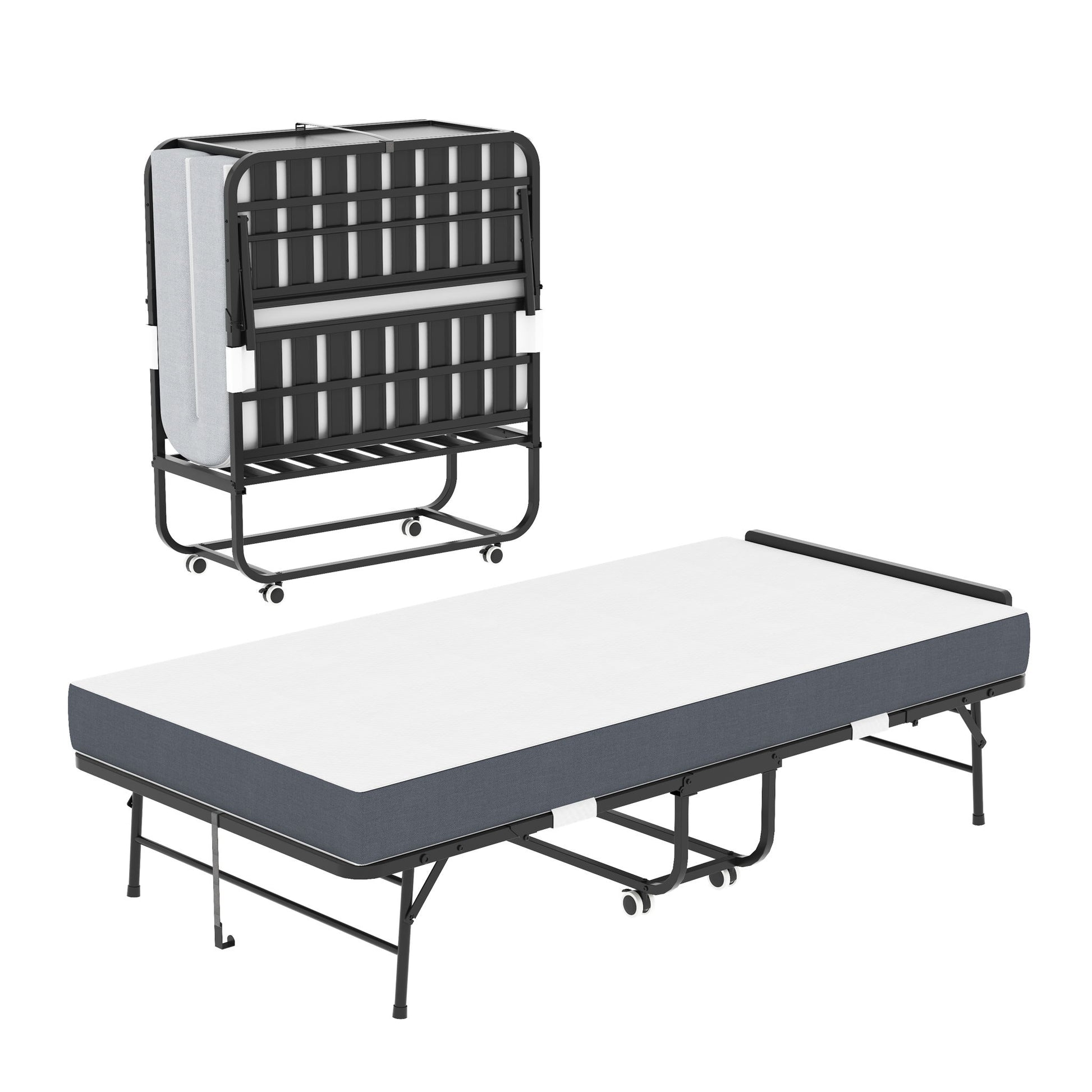 Twin Adjustable Headboard Folding Bed With Memory Foam Mattress, Heavy-Duty Frame Cot For Tall People, Portable Guest On Wheels - Black - The Sleep Loft - Online Mattress Showroom NYC