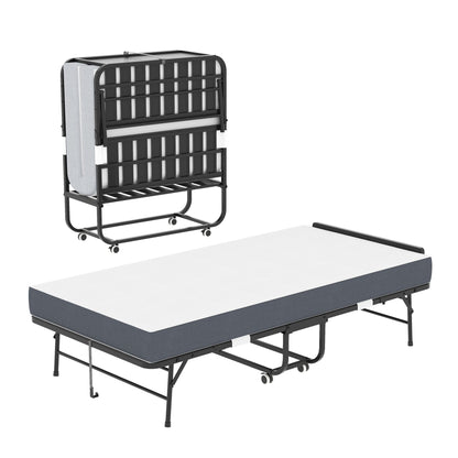 Twin Adjustable Headboard Folding Bed With Memory Foam Mattress, Heavy-Duty Frame Cot For Tall People, Portable Guest On Wheels - Black - The Sleep Loft - Online Mattress Showroom NYC