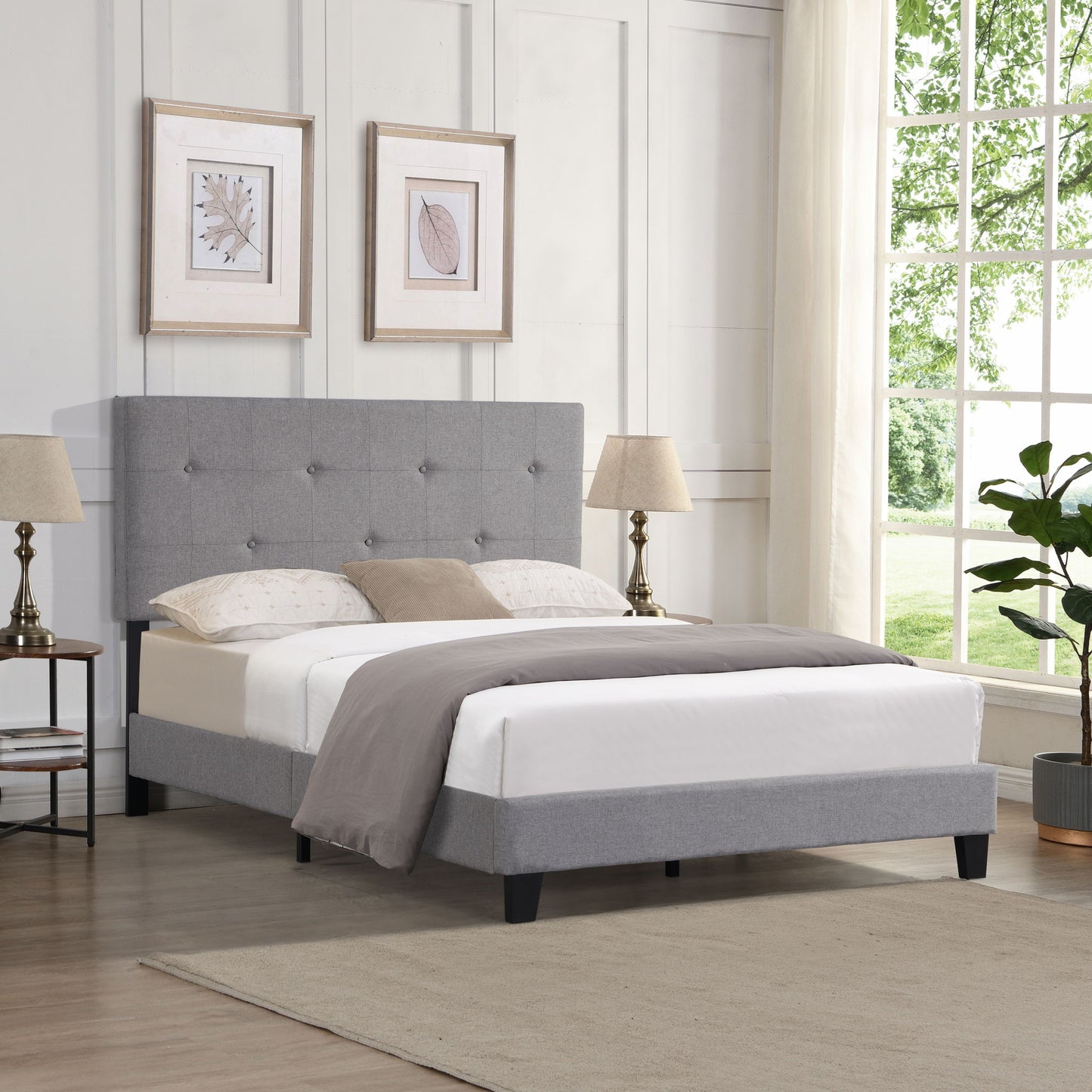 Queen Size Upholstered Platform Bed Frame With Button Tufted Linen Headboard, No Box Spring Needed, Wood Slat Support - Gray - The Sleep Loft - Online Mattress Showroom NYC