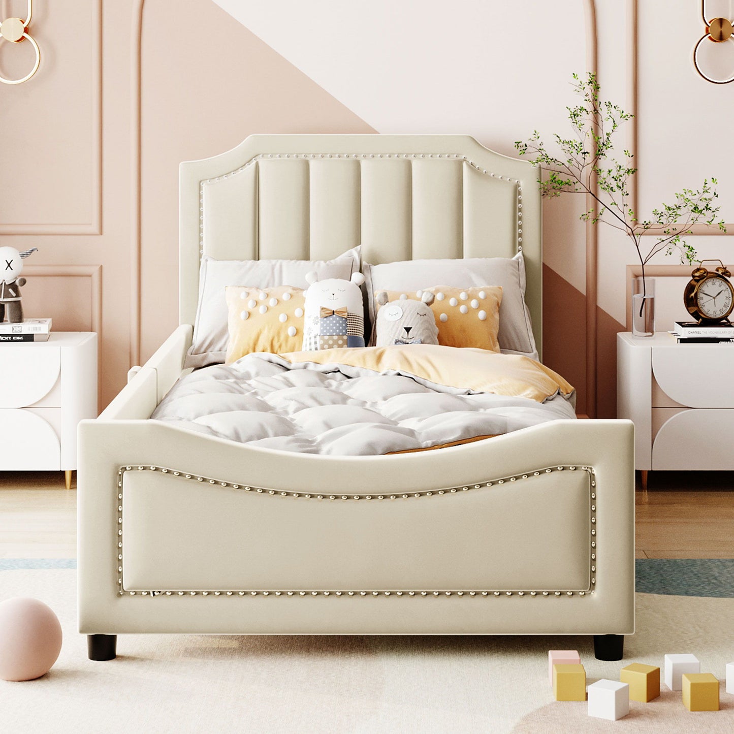 Upholstered Daybed With Classic Stripe Shaped Headboard - The Sleep Loft - Online Mattress Showroom NYC