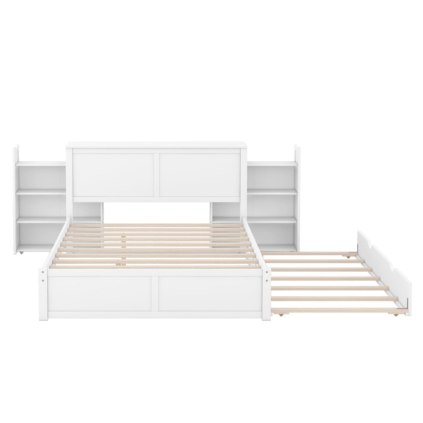 Storage Platform Bed With Pull Out Shelves And Trundle