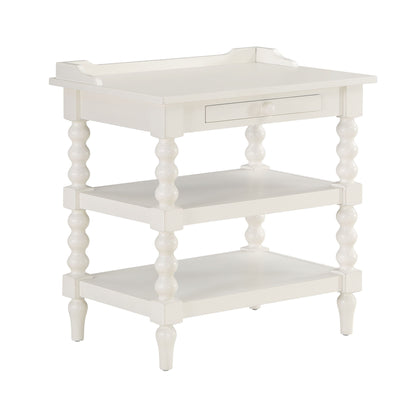 Aria - Nightstand With Styling, 2 Shelves, Pull Out Tray, Spool Turned Legs - Antique White - The Sleep Loft - Online Mattress Showroom NYC