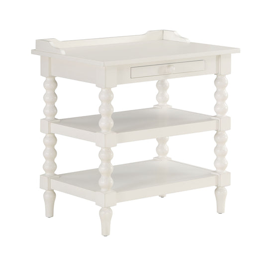 Aria - Nightstand With Styling, 2 Shelves, Pull Out Tray, Spool Turned Legs - Antique White - The Sleep Loft - Online Mattress Showroom NYC