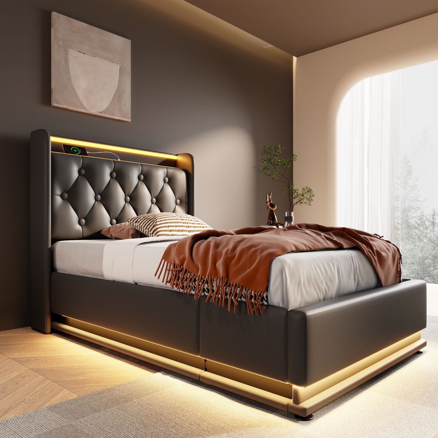 Upholstered Bed, 360 Surround LED Function, Remote Control, Hydraulic Storage Bed With USB, Type-C Charging (Without Mattress) - The Sleep Loft - Online Mattress Showroom NYC