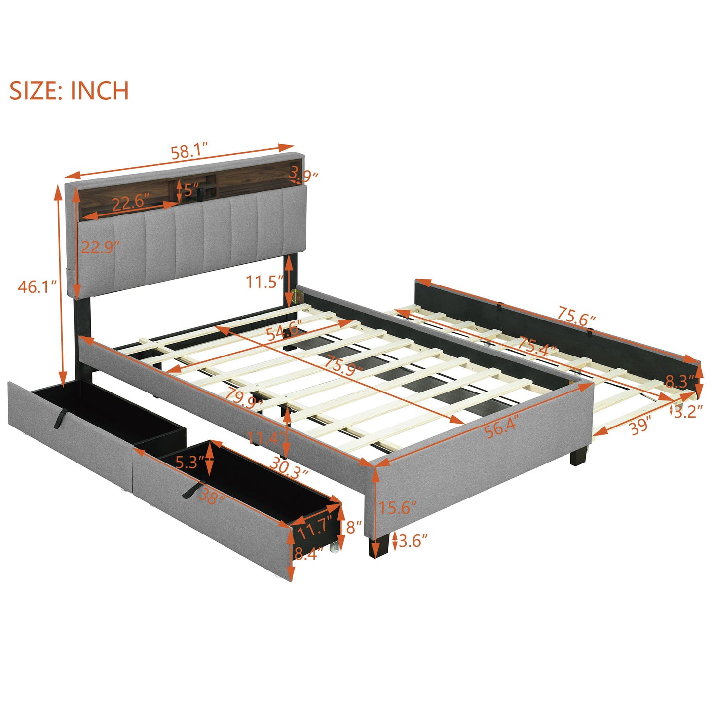 Upholstered Platform Bed With Storage Headboard, Trundle & 2 Drawers And A Set Of Sockets & USB Ports - The Sleep Loft - Online Mattress Showroom NYC