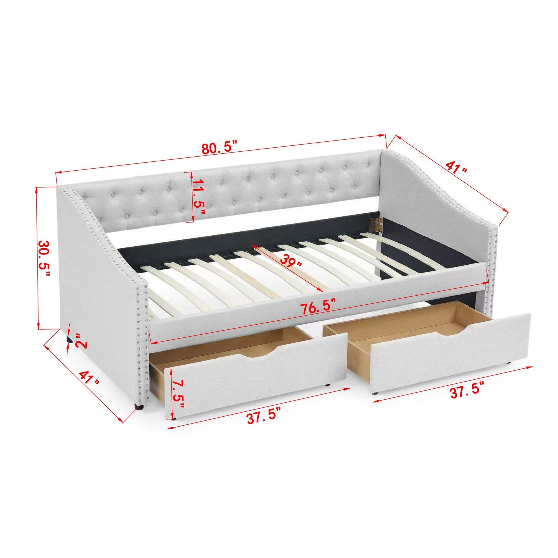 Upholstered Tufted Daybed With 2 Drawers, Waved Arms - The Sleep Loft - Online Mattress Showroom NYC